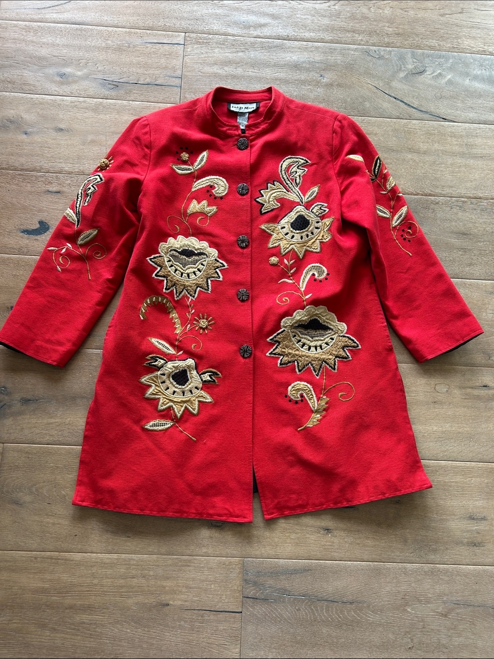Indigo Moon Red Embroidered Floral Trench Coat with Gold Accents